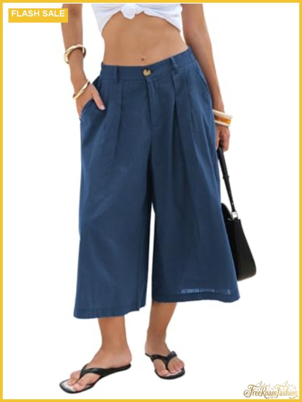 Womens Linen Capri Pants High Waist Wide Leg Palazzo Cotton Cropped Gaucho